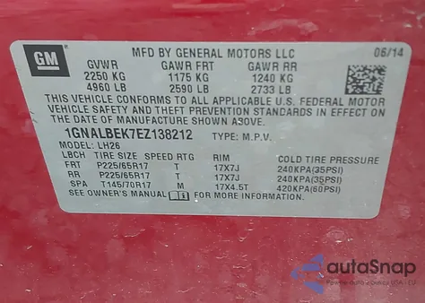 2014 Chevrolet Equinox 1Lt from USA, damaged, VIN 1GNALBEK7EZ138212